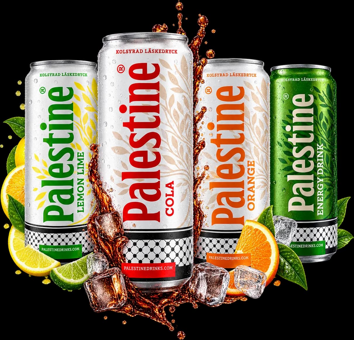 Fyra burkar Palestine Drinks — Lemon Lime, Cola, Orange och Energy Drink — med citrus, is och en colaskvätt.